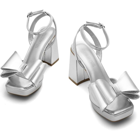 Women Platform Chunky Silver Heels High Block Square Toe Dress Wedding Sandals - Picture 4 of 7